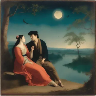 The painting depicted a scene of wooing, with the man serenading the woman under a moonlit sky.