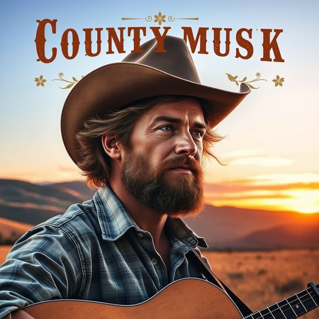 A striking country music album cover featuring a rugged man with a cowboy hat and acoustic guitar