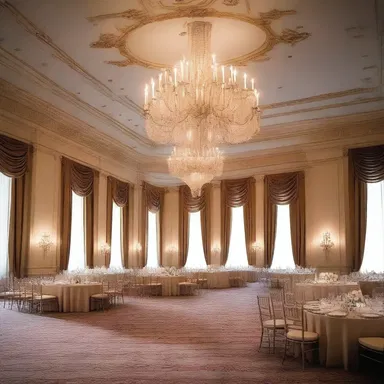 The grand ballroom was designed to evoke a sense of romance and wooing, with its elegant chandeliers and flowing draperies.