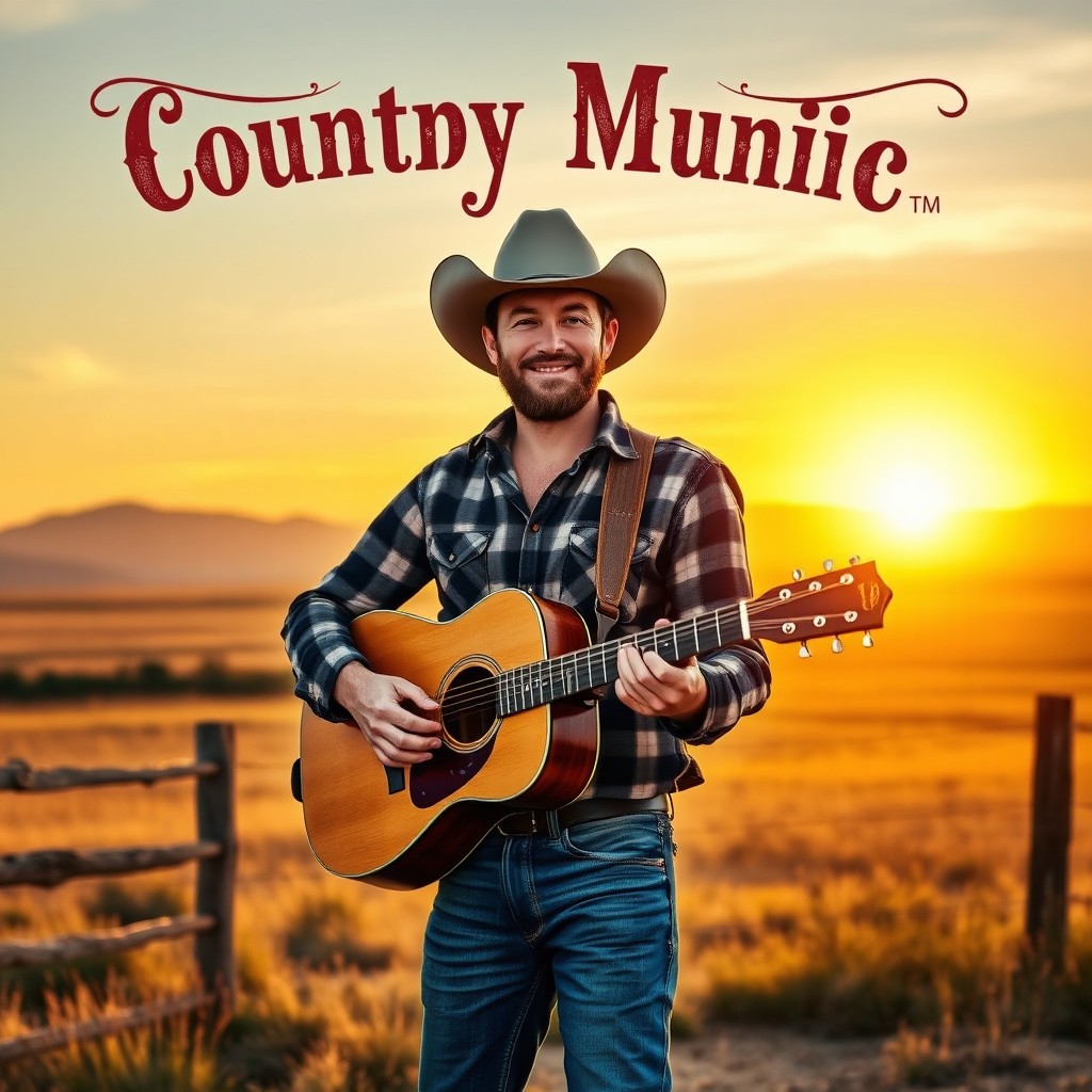 A captivating country music album cover featuring a rugged man with a classic cowboy hat, holding an acoustic guitar