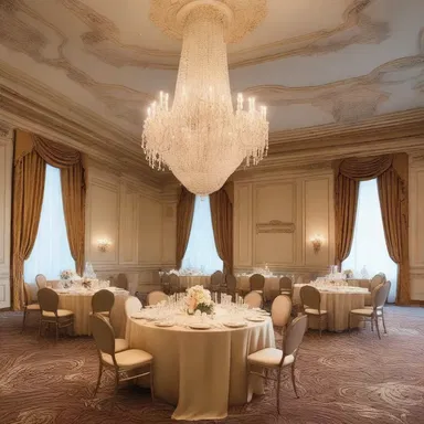 The grand ballroom was designed to evoke a sense of romance and wooing, with its elegant chandeliers and flowing draperies.
