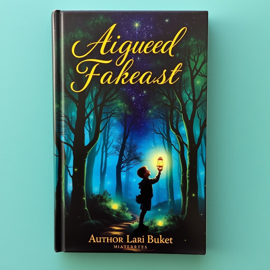 A captivating book cover featuring a mystical forest with glowing trees and a starry night sky