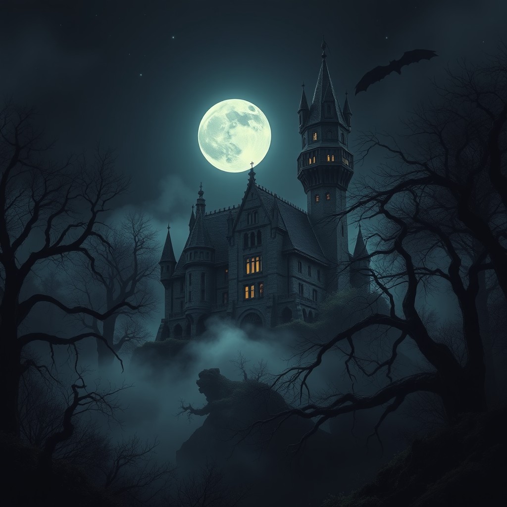 A dark and mysterious castle nestled deep within a dense, eerie forest at night