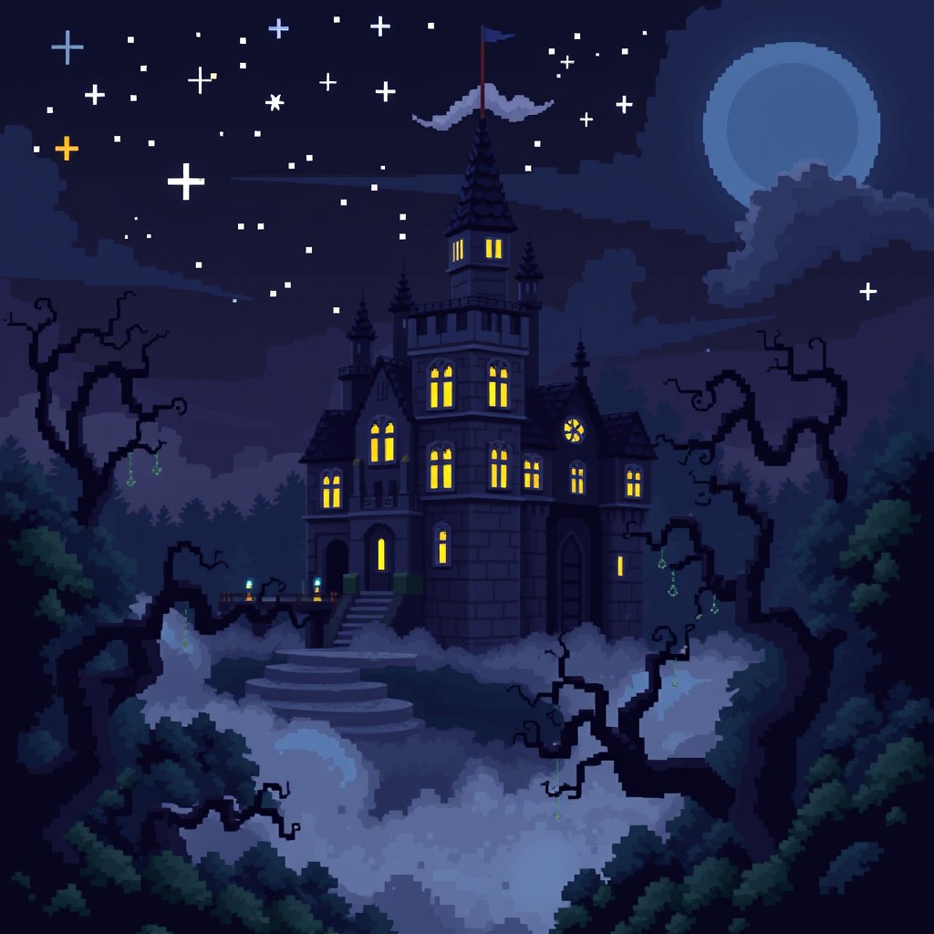 A pixelated rendition of a dark and mysterious castle situated in a dense forest at night