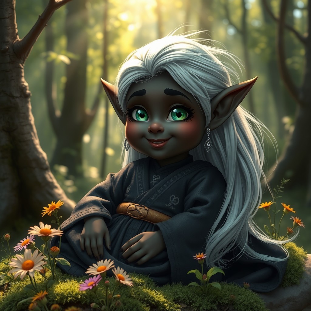 A chubby dark elf with smooth ebony skin and striking silver hair, sitting comfortably in a lush forest setting