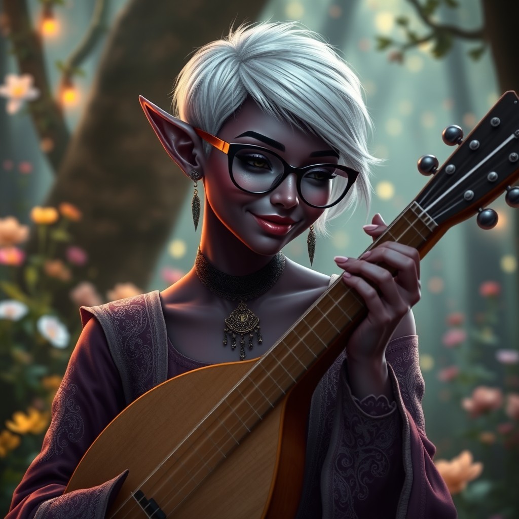 A gorgeous dark purple elven woman with very short white hair, elegantly wearing a pair of stylish glasses that accentuate her striking black eyes