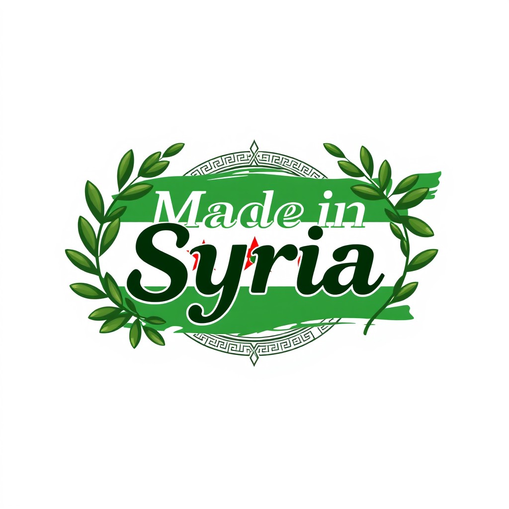 A dynamic logo design that features the phrase 'Made in Syria' integrated into a backdrop of the green field of the Syrian flag