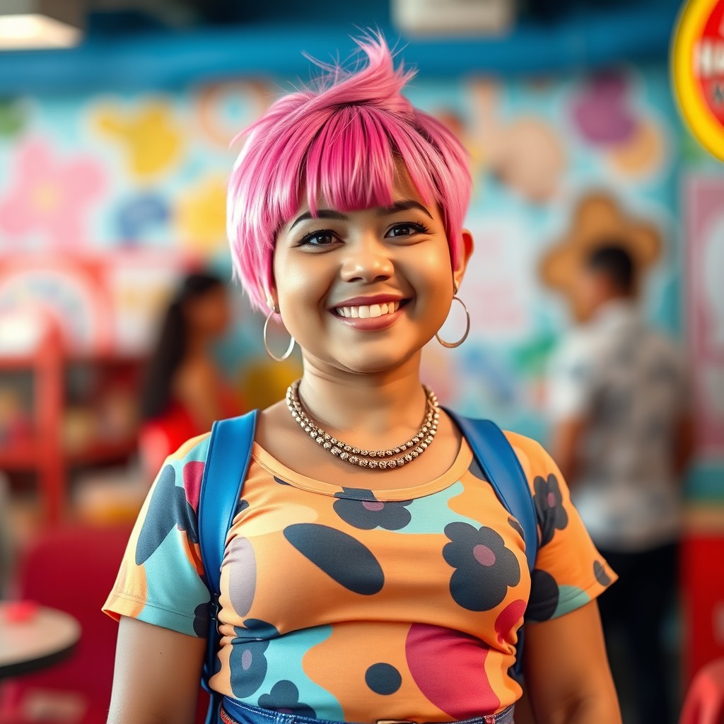 A short Latina woman with a chubby physique, featuring a pink head of hair styled in a short cut with fringe