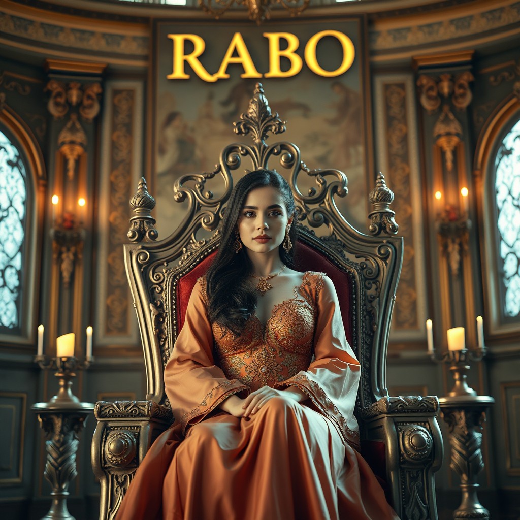 A stunning, brightly lit room featuring a beautiful young woman dressed in elegant clothing, seated on a regal queen's throne