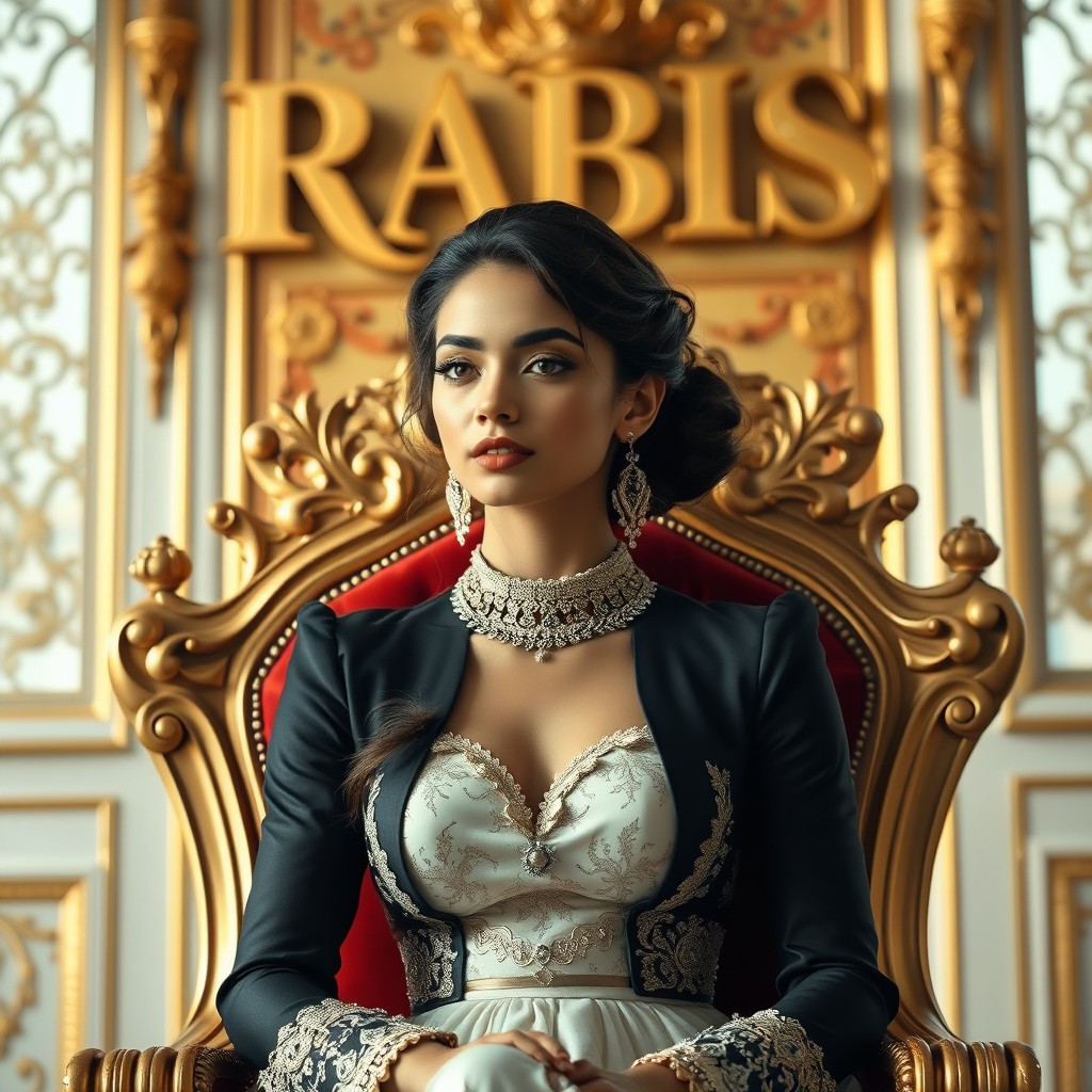 A beautiful young woman in exquisite clothing, elegantly seated on a queen's throne in a bright, shimmering room