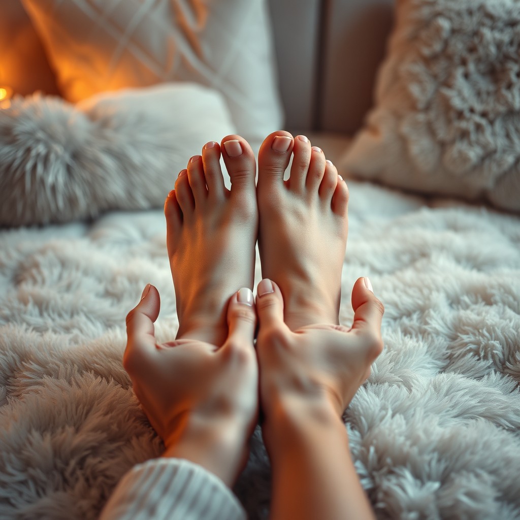 An intimate and inviting scene showcasing a beautifully manicured pair of feet resting gracefully on a soft, plush surface