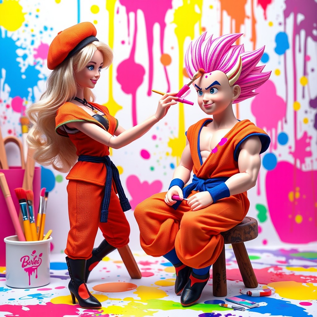 A whimsical scene featuring Barbie and Goku in a colorful and playful environment