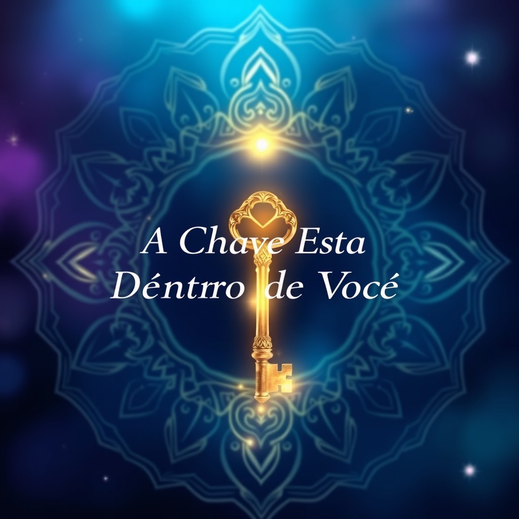 A captivating eBook cover for 'A Chave Está Dentro de Você', featuring a mystical key glowing with a soft golden light and surrounded by intricate mandala patterns