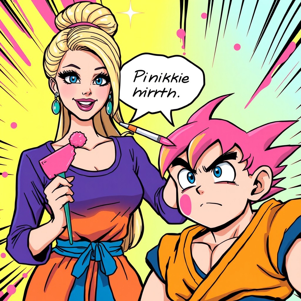 A comic book illustration featuring a vibrant scene where Barbie is painting Goku's hair pink