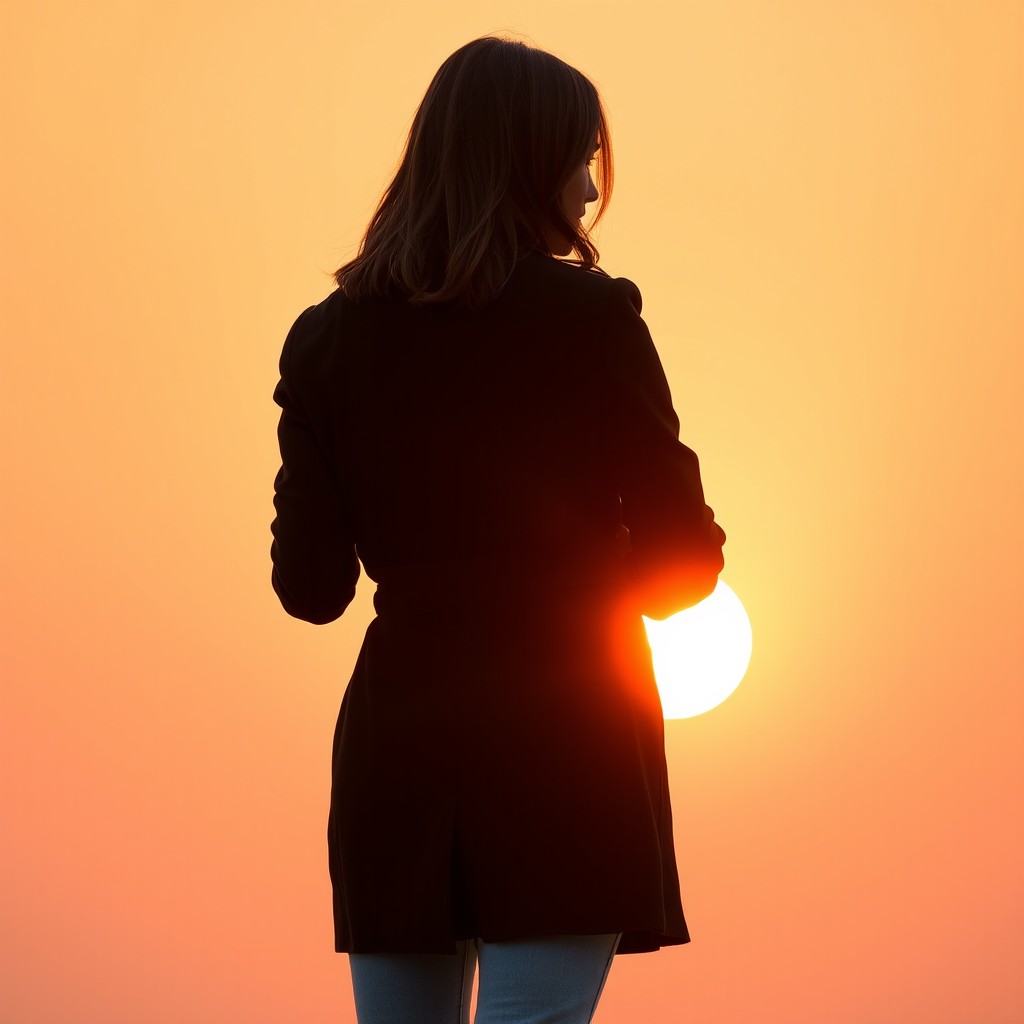 A 37-year-old woman with a middle athletic body, wearing a stylish black coat and light blue jeans
