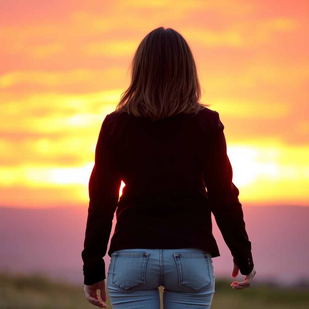 A 37-year-old woman with a middle athletic body, wearing a stylish black coat and light blue jeans