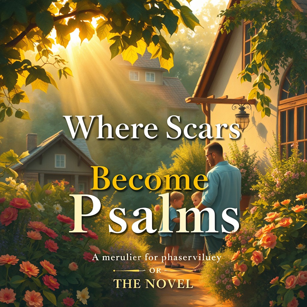 A serene sunlit village garden with a loving family gathered, surrounded by blooming flowers and lush greenery