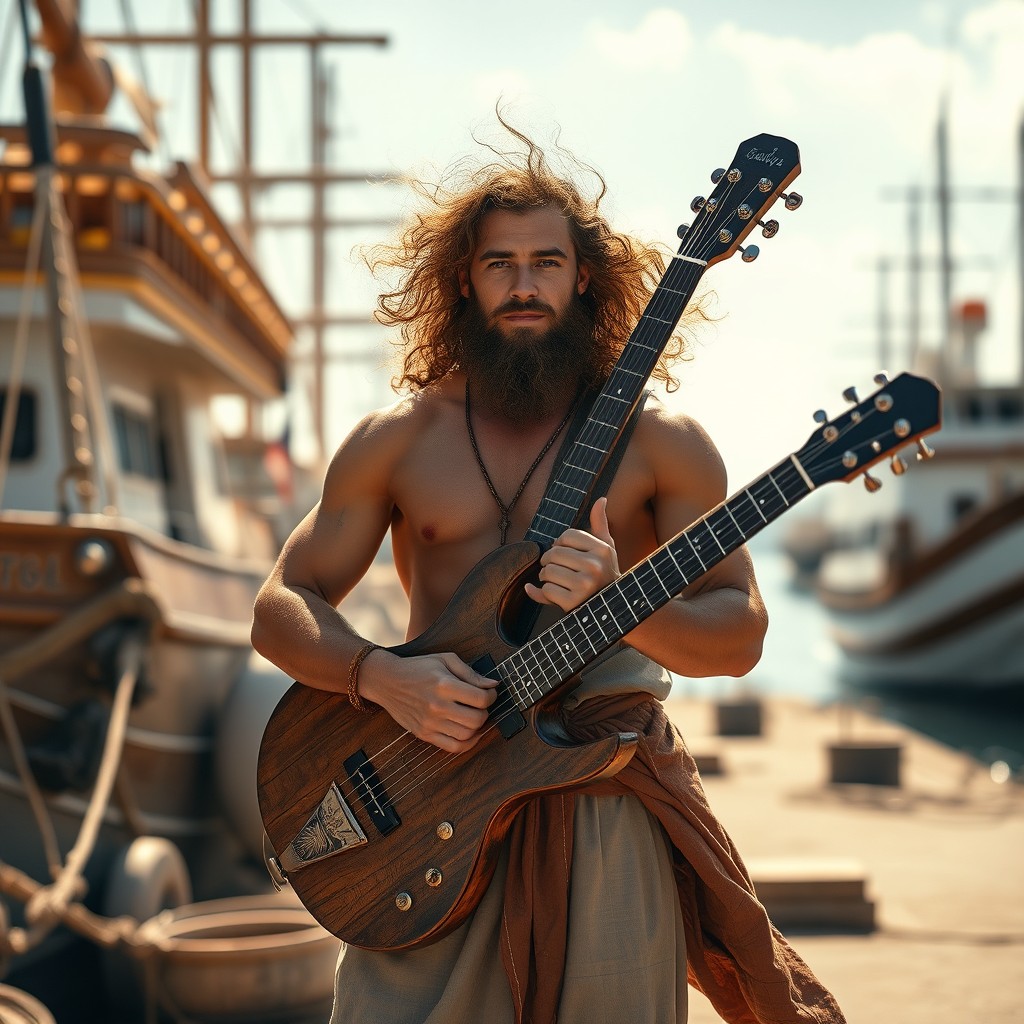 A muscular human male with long curly hair and a beard stands confidently at a bustling ship port on a sunny day
