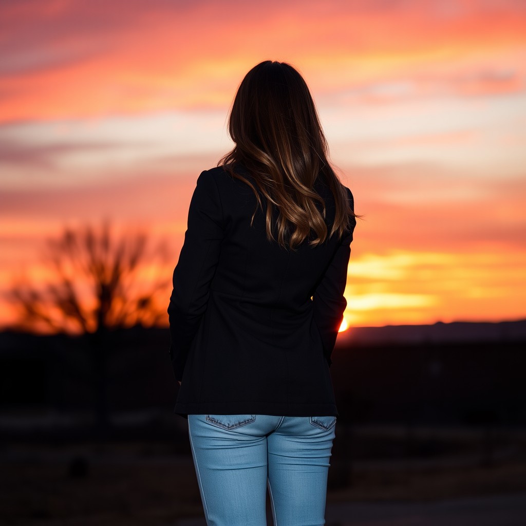 A 37-year-old woman with a middle athletic body and a height of 5 feet, wearing a stylish black coat and light blue jeans
