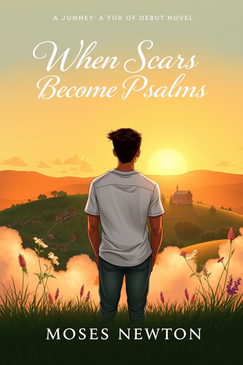 A beautifully illustrated book cover for the debut novel 'When Scars Become Psalms' by Moses Newton