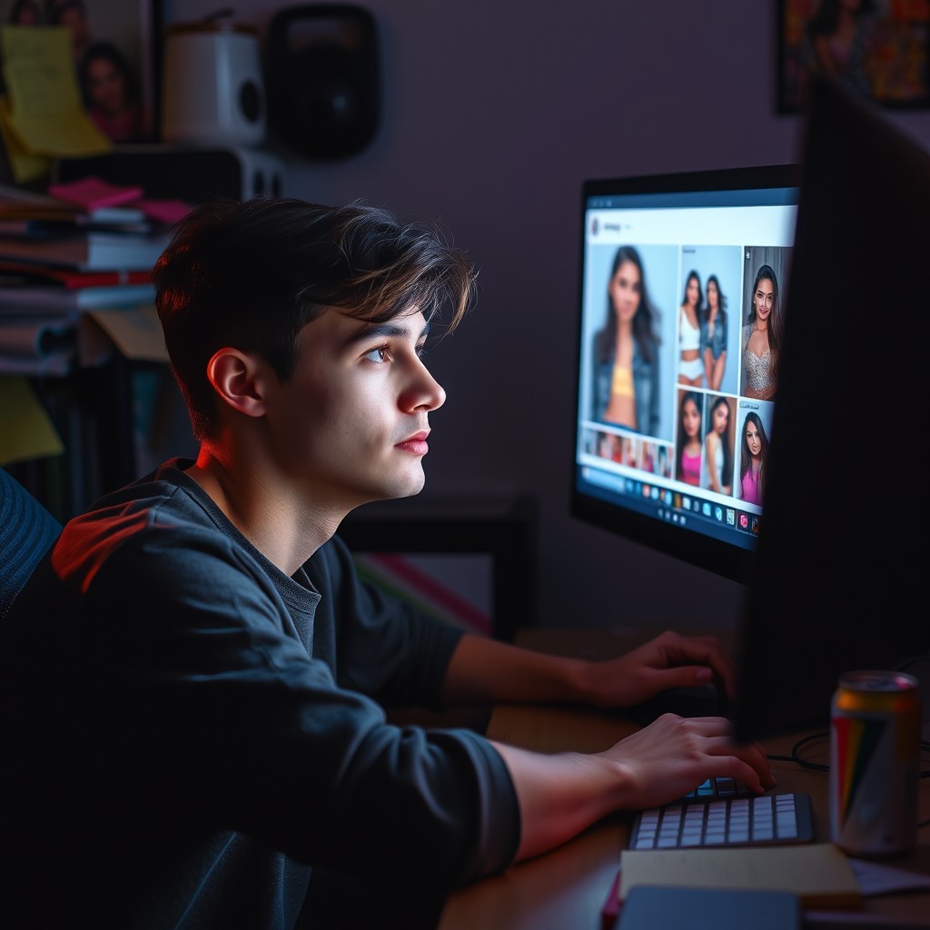 A young man captivated by a beautiful girl's Instagram photos on his computer screen