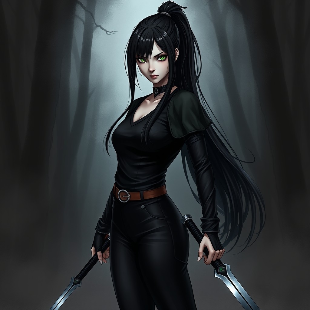 A striking character featuring a long black ponytail cascading down her back