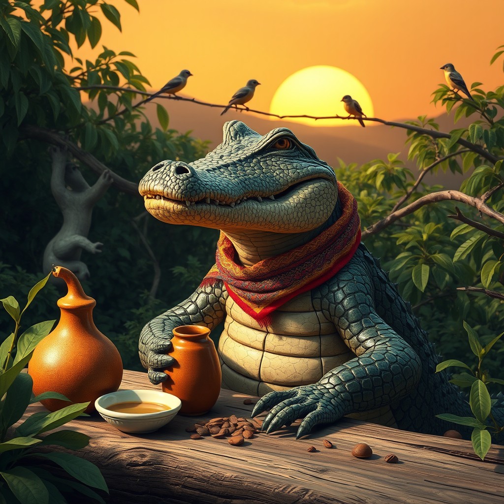 A whimsical scene featuring a crocodile playing a bombardino in Argentina, surrounded by lush greenery typical of the region