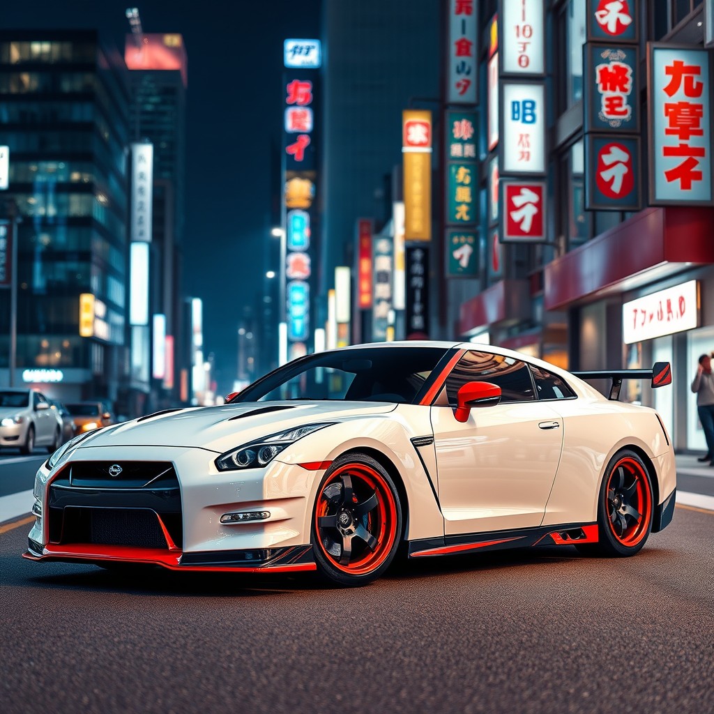 A stunning horizontal image of a white Nissan GT-R R34, featuring an eye-catching red and black wrap design