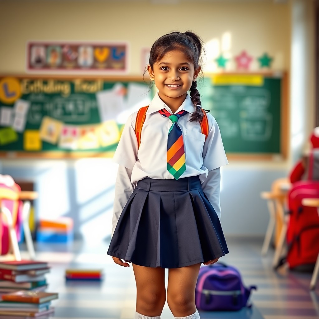 A young Indian school girl wearing a stylish short skirt uniform, featuring a crisp white blouse, a colorful tie, and knee-high socks