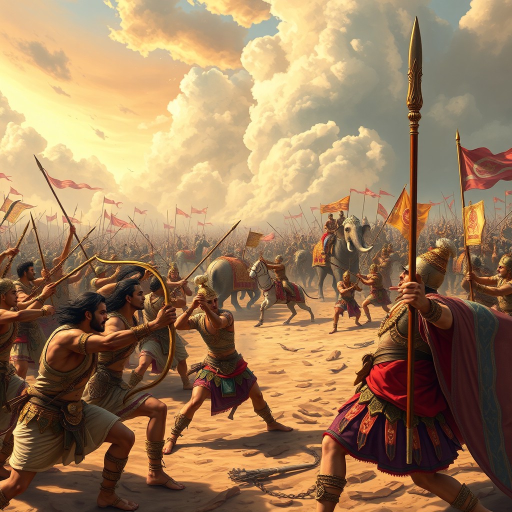 A grand and detailed illustration depicting a scene from the Mahabharata, featuring the epic battle of Kurukshetra