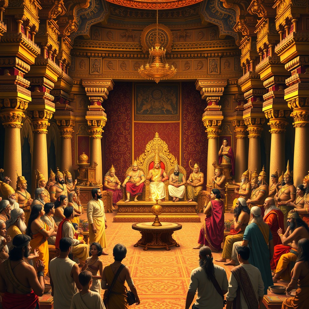 A rich and elaborate scene depicting the Sabha of the Mahabharata, showcasing the grand court of Hastinapura