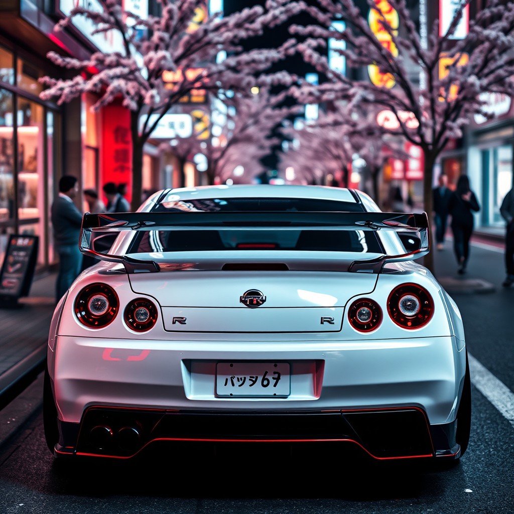 A stunning white Nissan GTR R34 viewed from the rear, showcasing its sleek lines and aerodynamic design, parked elegantly on the bustling streets of Japan at night