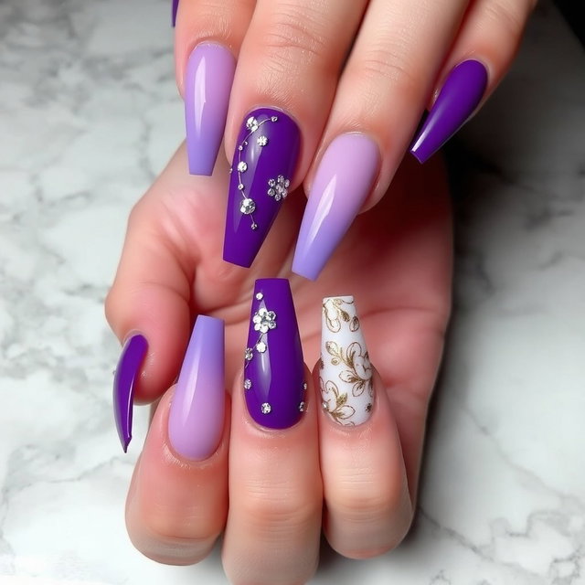 A creative nail art design showcasing a vibrant gradient from deep purple to soft lavender, adorned with delicate silver glitter accents and tiny rhinestones