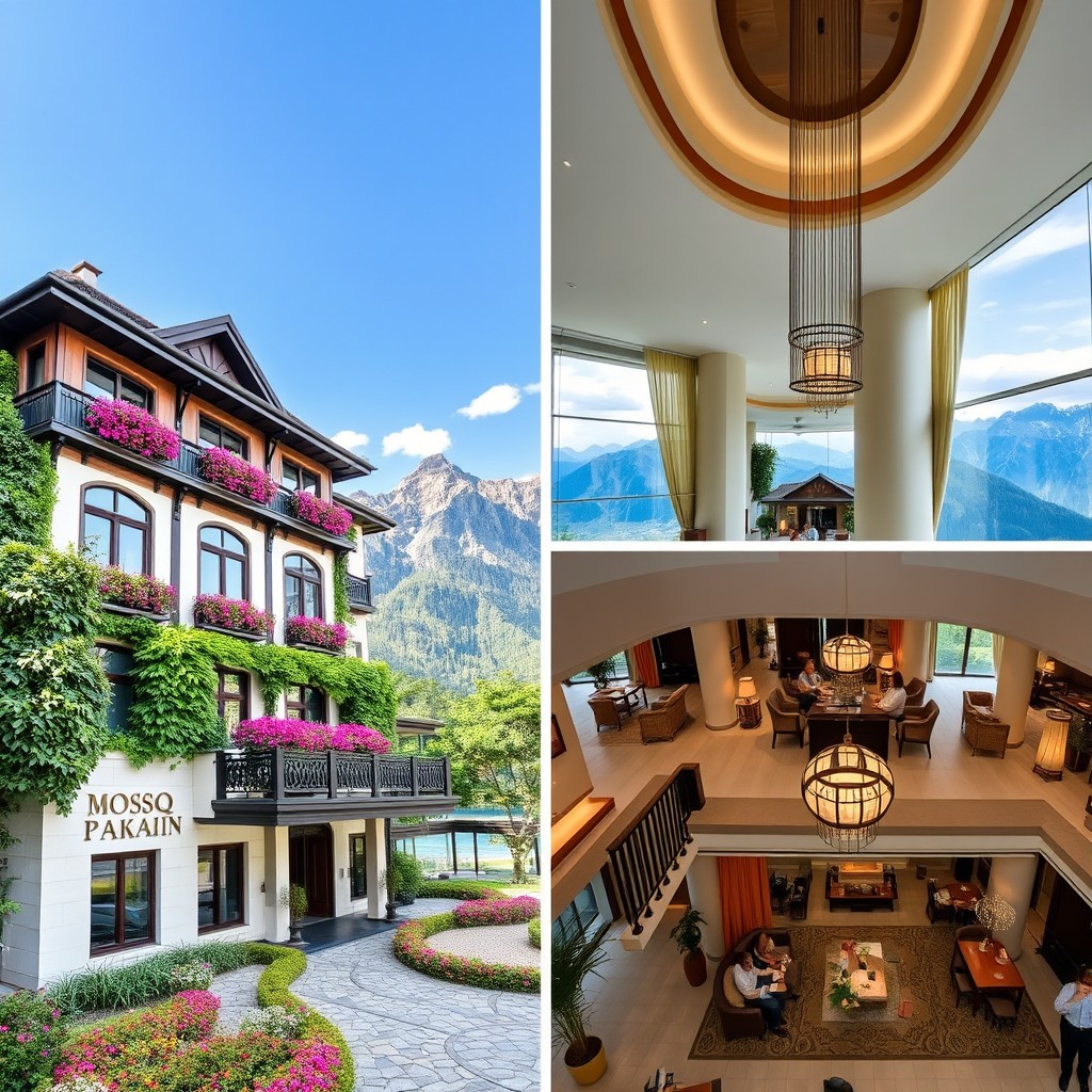 A beautifully designed hotel named 'Mosoq Pakarin', showcasing a stunning exterior with traditional and modern architectural elements