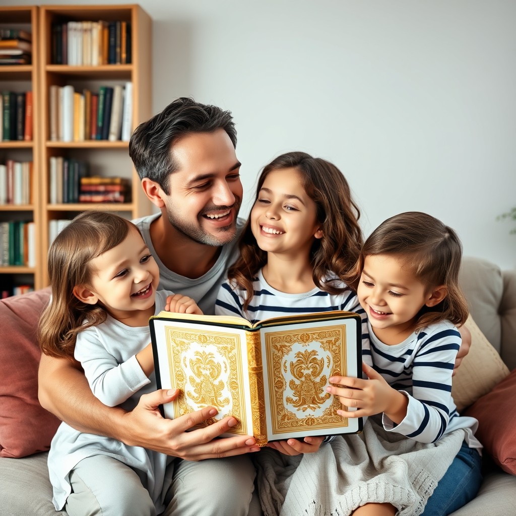 A warm and loving family portrait featuring a family of four, consisting of a father, mother, and two children, holding a beautifully illustrated Bible between their hands