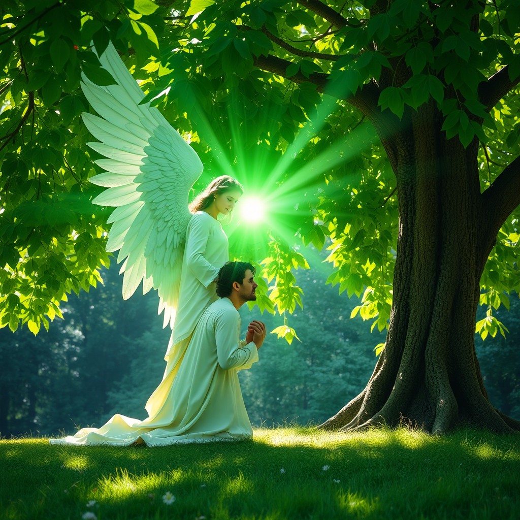 The Archangel Raphael, depicted with majestic wings and a serene expression, is sending a radiant green light towards a man who is kneeling humbly in the shade of a lush, leafy green tree