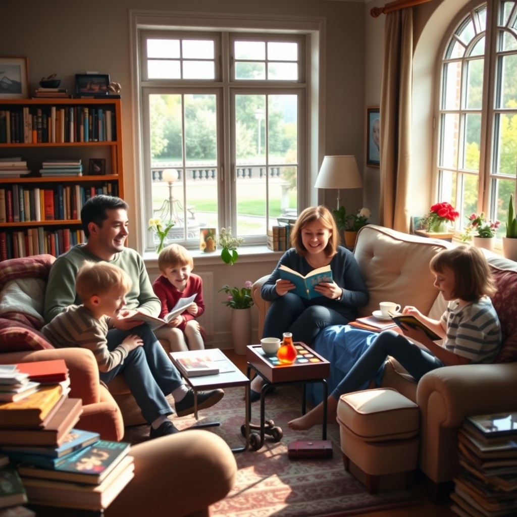 A serene and lively scene depicting the home life of British Muggles, showcasing a cozy living room filled with comfortable furniture, books, and family pictures