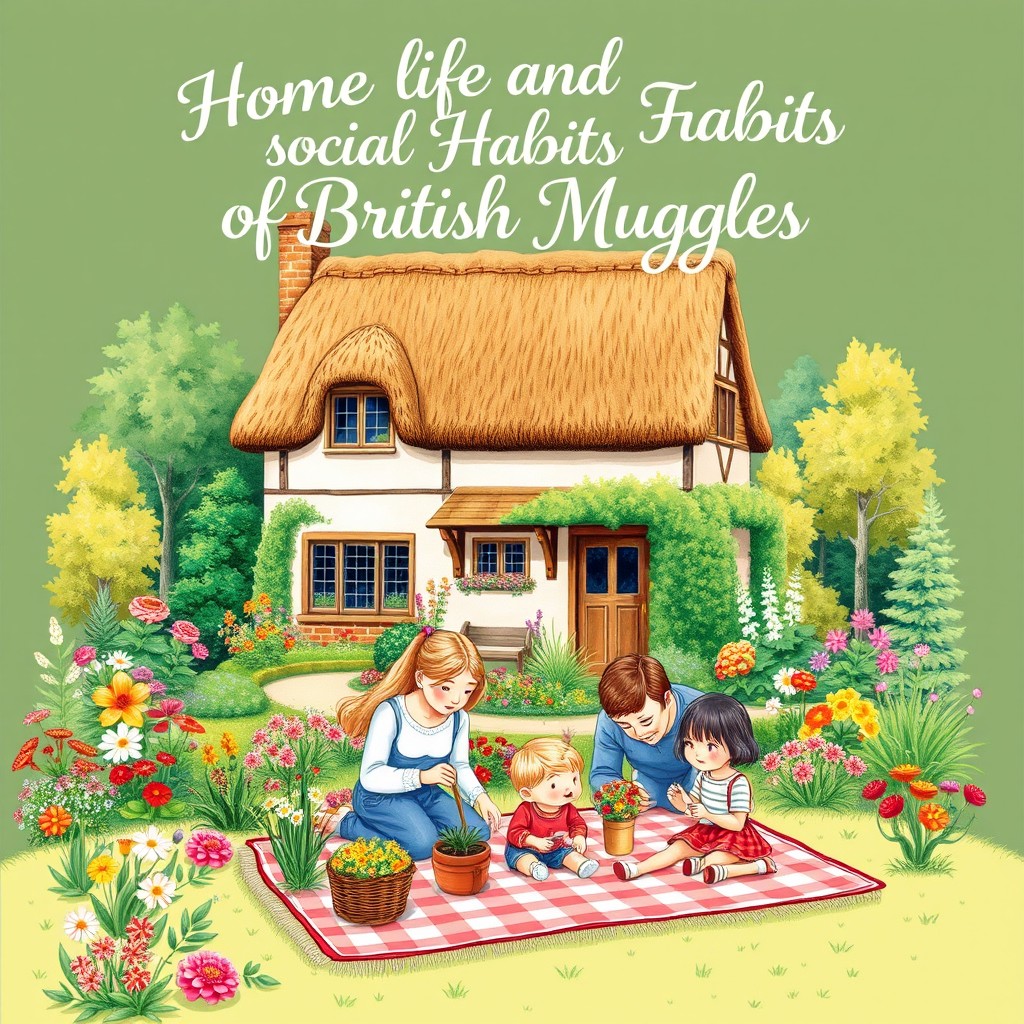 A beautifully illustrated cover for a book titled "Home Life and Social Habits of British Muggles