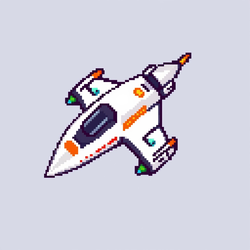 A pixel art representation of a spaceship, designed specifically for a 16x16 pixel display, showcasing a compact and creative design