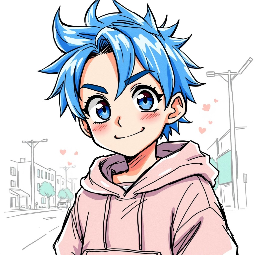 A detailed sketch of a young anime boy with vibrant blue hair styled in a spiky fashion, wearing a casual oversized hoodie