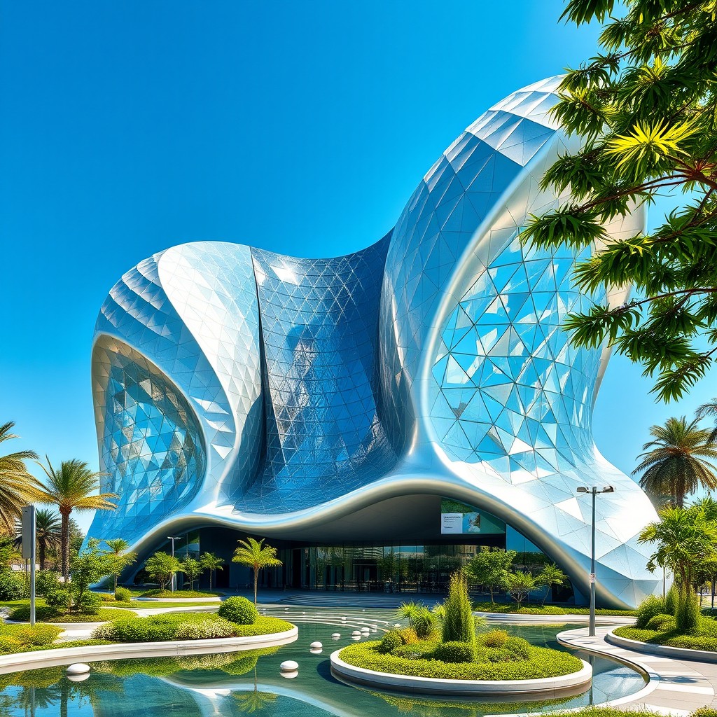 An office building inspired by diamonds and pearls, showcasing a futuristic architecture with reflective surfaces resembling diamond facets and smooth curves reflecting the iridescence of pearl
