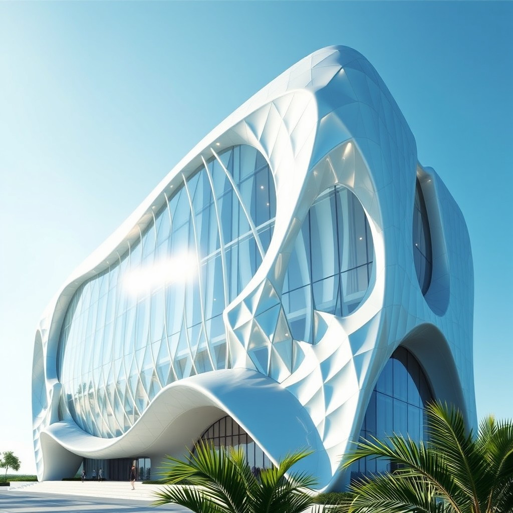 A modern office building inspired by diamonds, pearls, and ocean waves