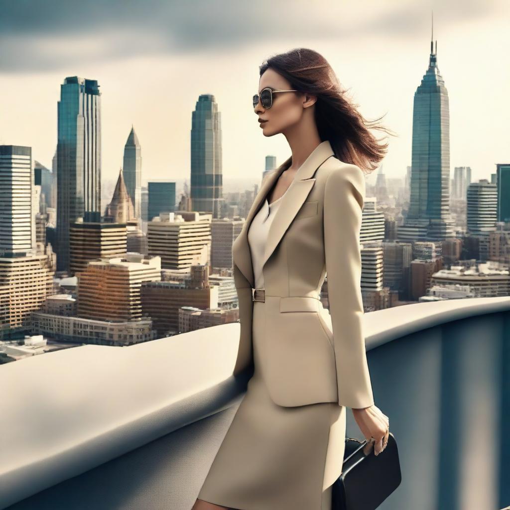 A slim woman, showcasing the epitome of physical well-being and grace. Her attire exudes sophistication, and her posture exudes confidence against a vibrant cityscape.