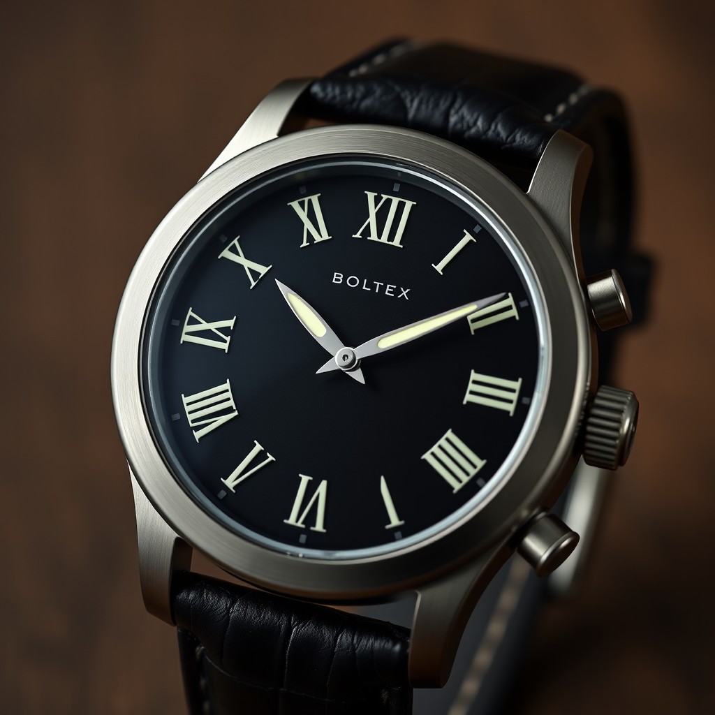 A sleek luxury wristwatch called BOLTEX featuring a slim profile and innovative tool-free glass replacement mechanism