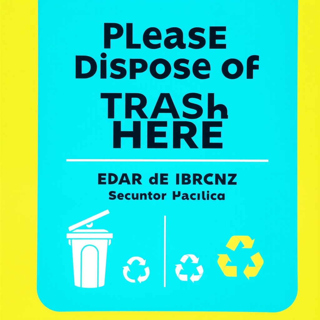 A clear and colorful informational sign indicating where to dispose of trash, featuring bold text that says 'Please Dispose of Trash Here' in both English and Spanish, illustrated with images of trash bins and recycling symbols