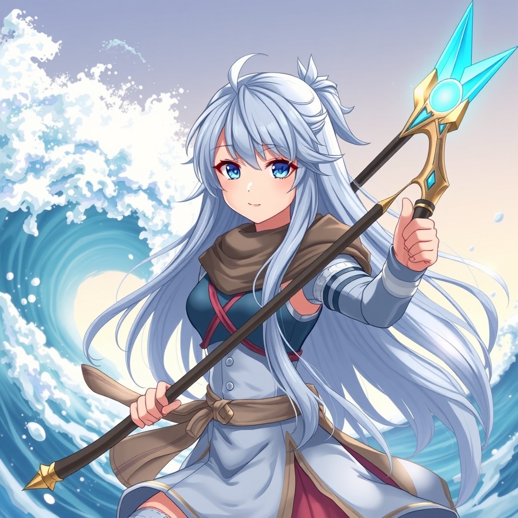 Anime style female warrior with long blue-gray hair with icy tips and a soft smile, holding an elegant spear that glows with blue and gold