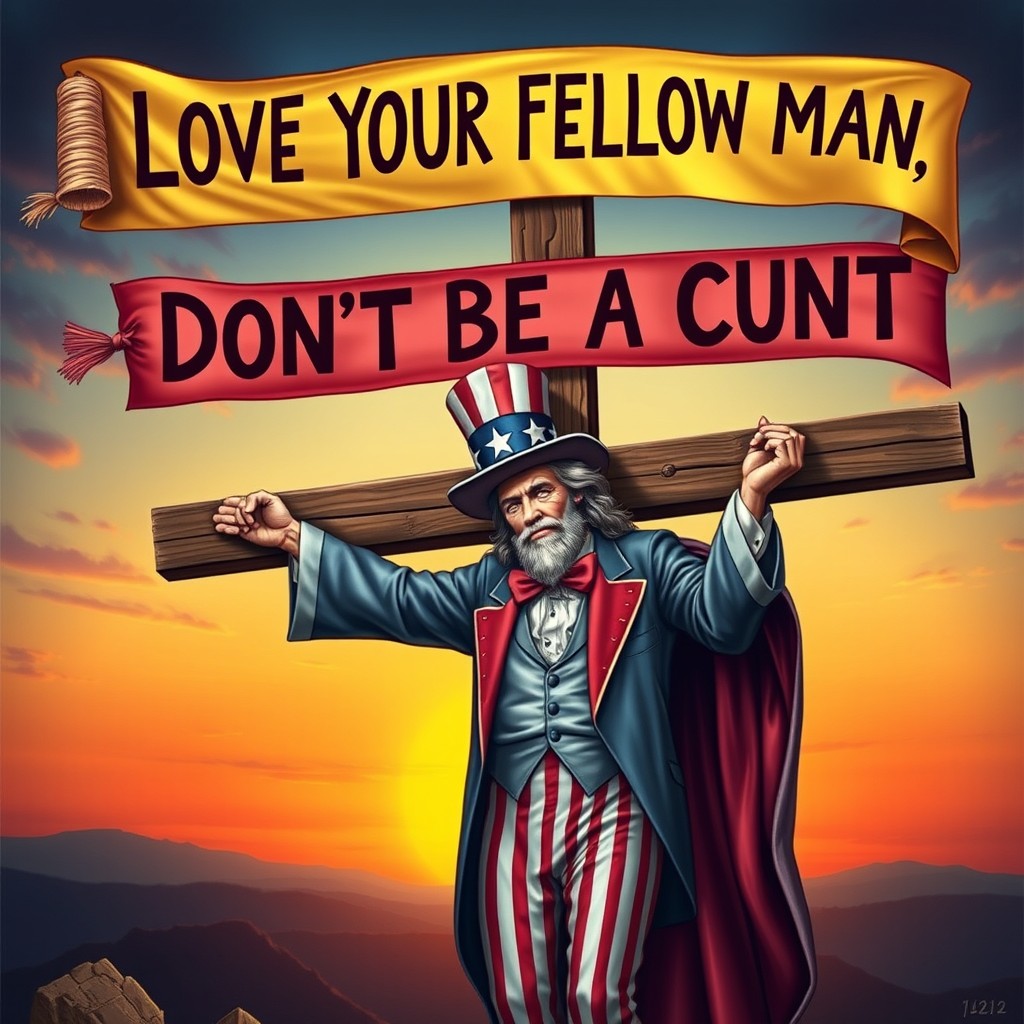 A dramatic scene depicting Jesus Christ nailing Uncle Sam to a cross, set against a vivid sunset backdrop