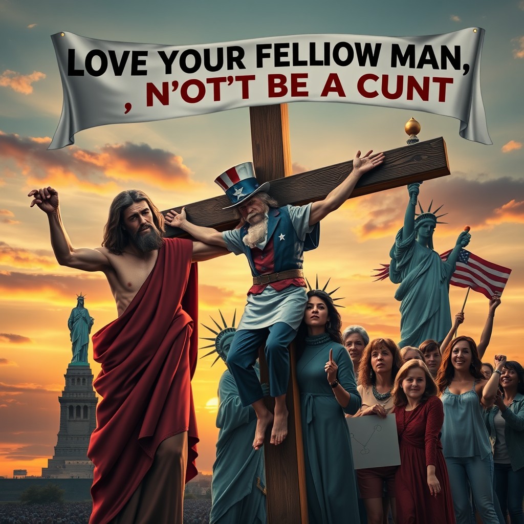 A striking and thought-provoking scene depicting Jesus Christ nailing Uncle Sam to a cross, set against a vibrant sky at sunset