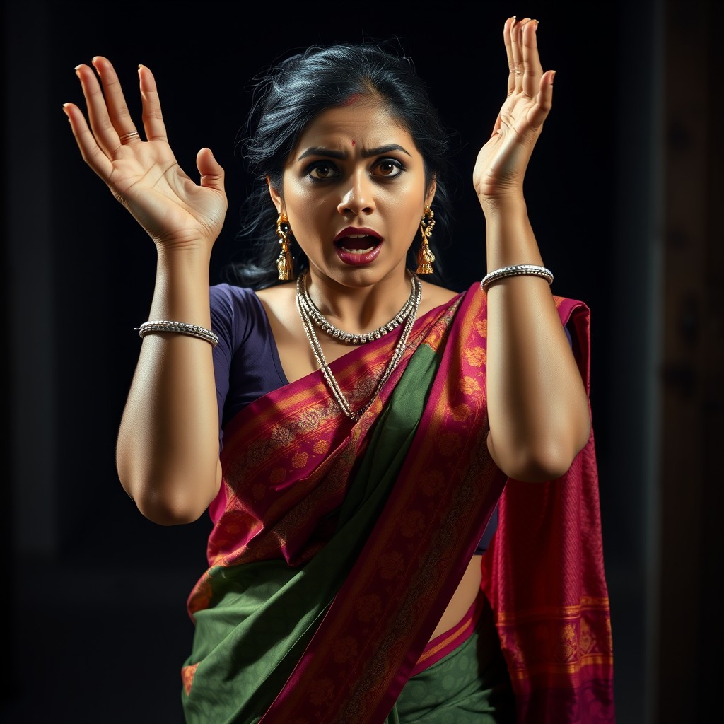 An Indian woman wearing a low waist saree, displaying a frightened expression, with her hands raised up in fear