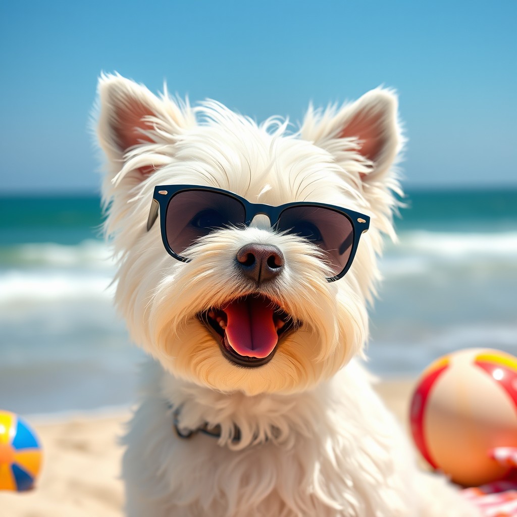A West Highland Terrier wearing stylish anime sunglasses, enjoying a sunny day at the beach